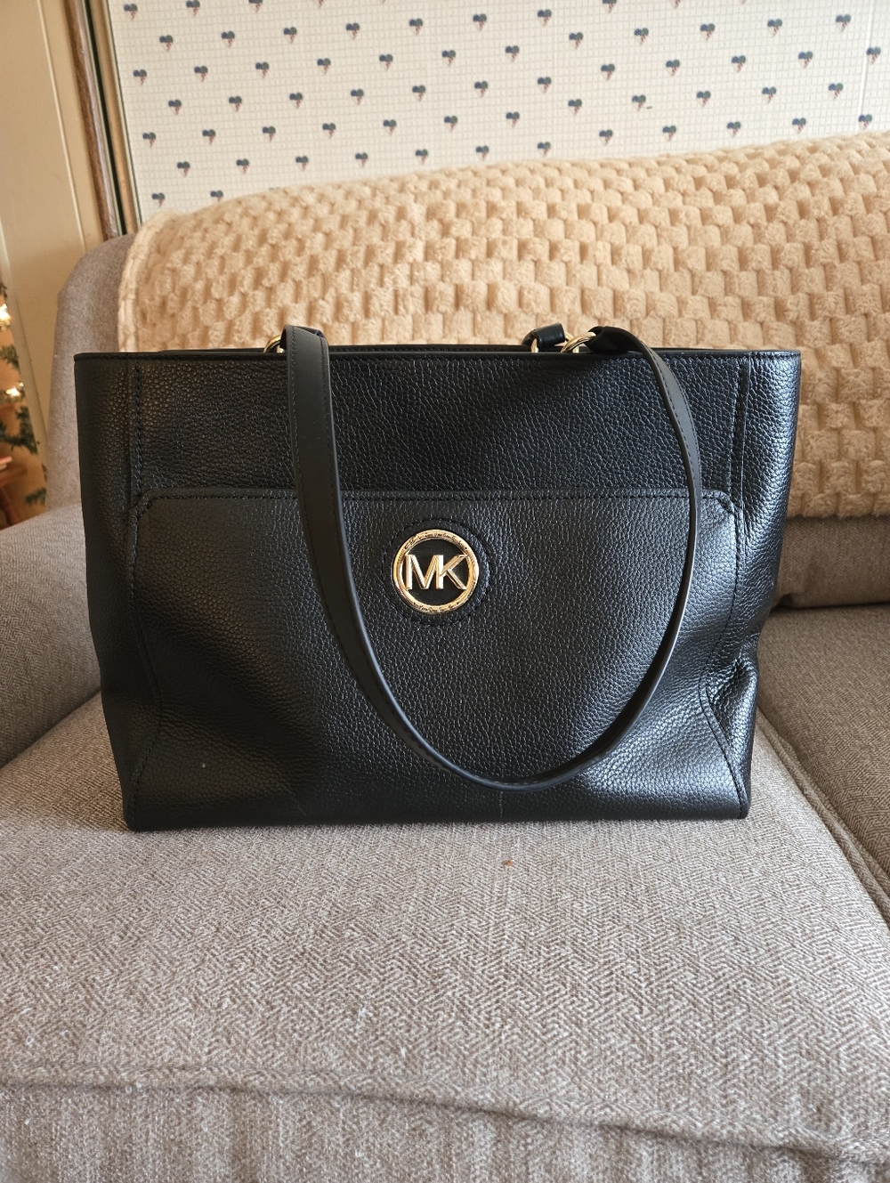 Michael Kors Black Leather Tote with Gold Logo